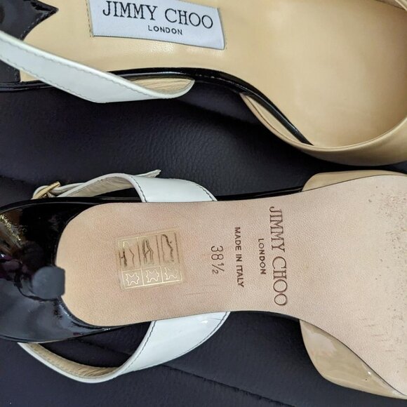 Jimmy Choo Women Patent Leather Pointed Colorblock Slingbacks Beige/Blk - Picture 7 of 10